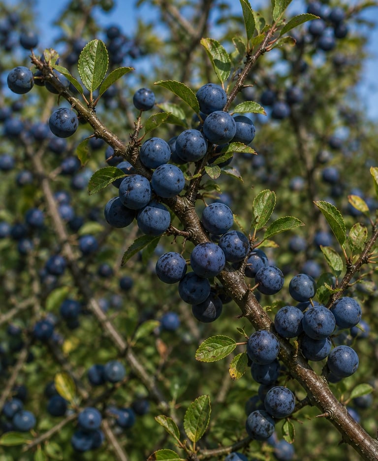 Ripe blue sloe fruit hanging on a blackthorn bush branch with green leaves.