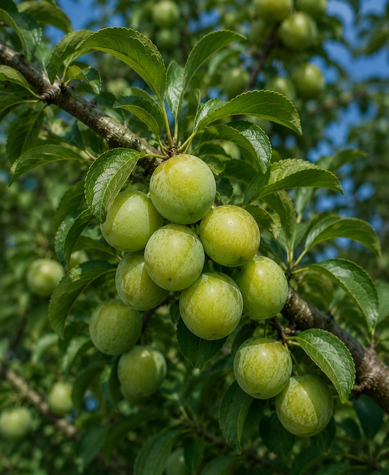 Cluster of ripening green dt julien plums hanging from a fruit tree branch with lush leaves.