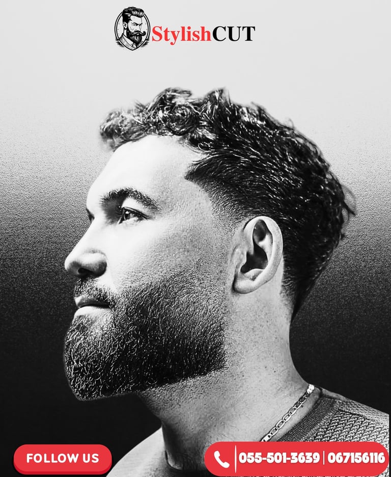 Stylish bearded man after a fresh haircut at StylishCut Salon in Sharjah – modern grooming and sharp
