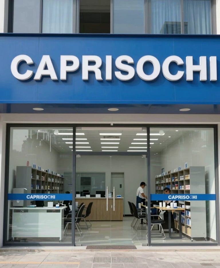 A wide-angle photography shot of a modern distribution hub in a bustling West African city. Professional staff in midnight blue uniforms are managing logistics using modern tablets. Sunlight illuminates the scene, highlighting efficiency and professional distribution standards.