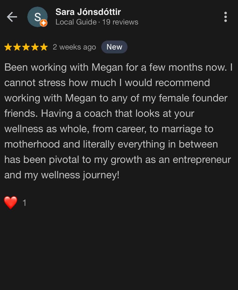 Genuine Excellent review for Megan Swan Wellness Coaching.