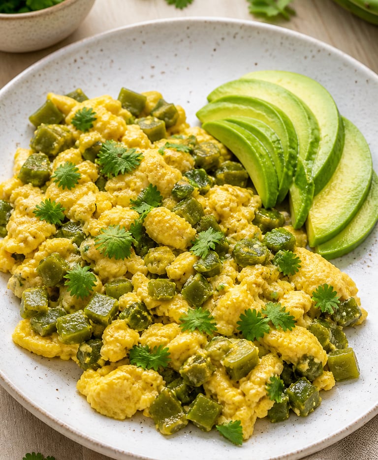 Huevos revueltos con nopales y aguacate, desayuno mexicano saludable bajo en carbohidratos