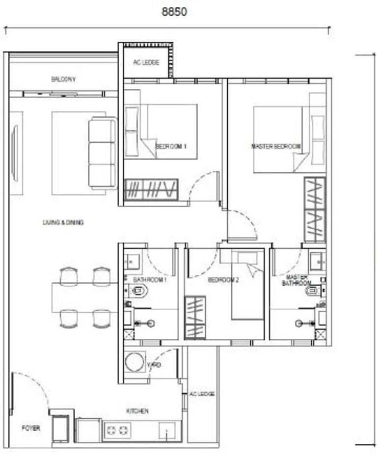 Type E1 layout – 850sf 3-bedroom 2-bathroom apartment with balcony, walk to RTS