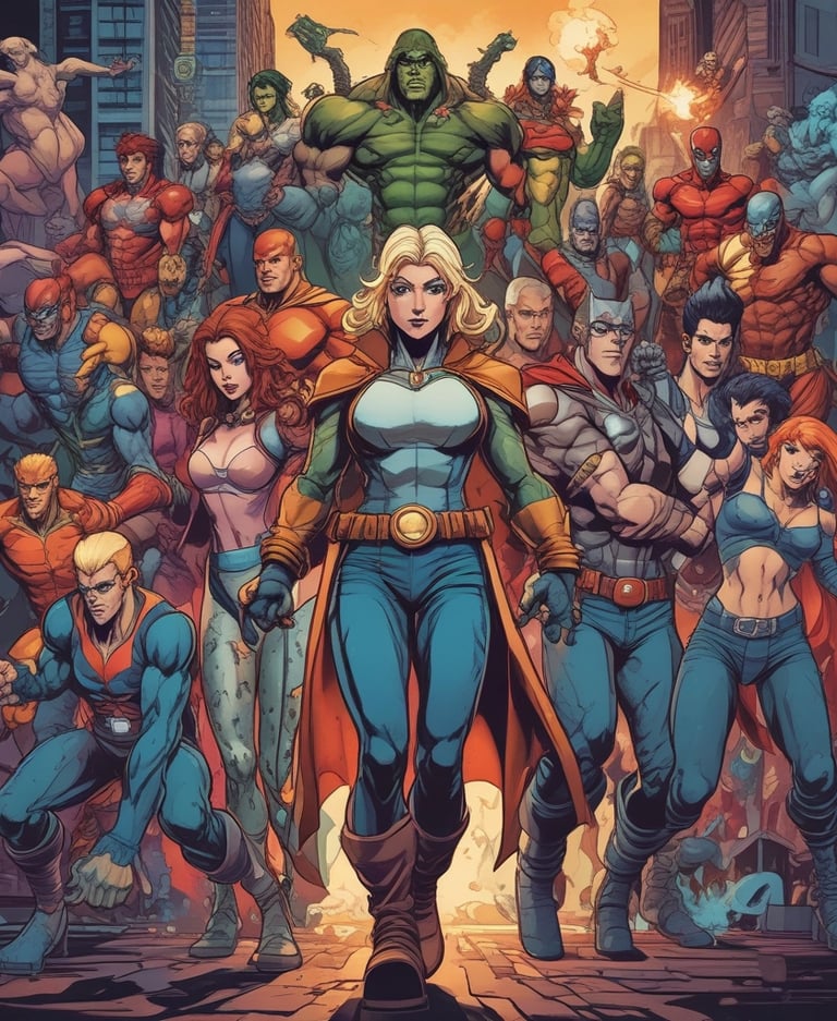 a group of superheros standing in front of a cityscapeople