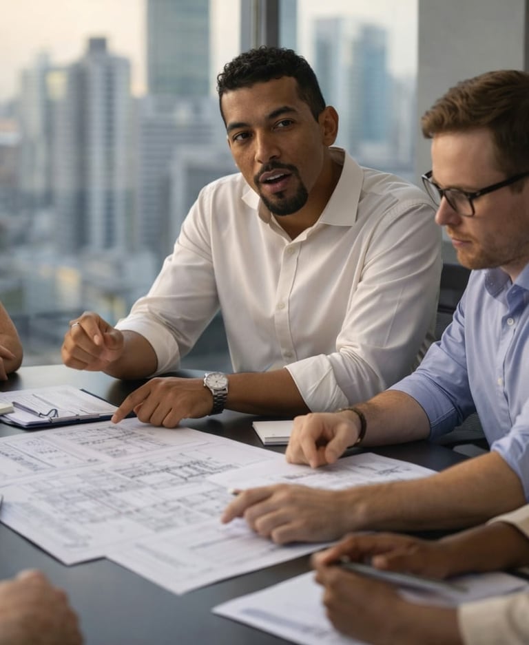 Diverse business team reviewing architectural blueprints and project documents in a modern office meeting.