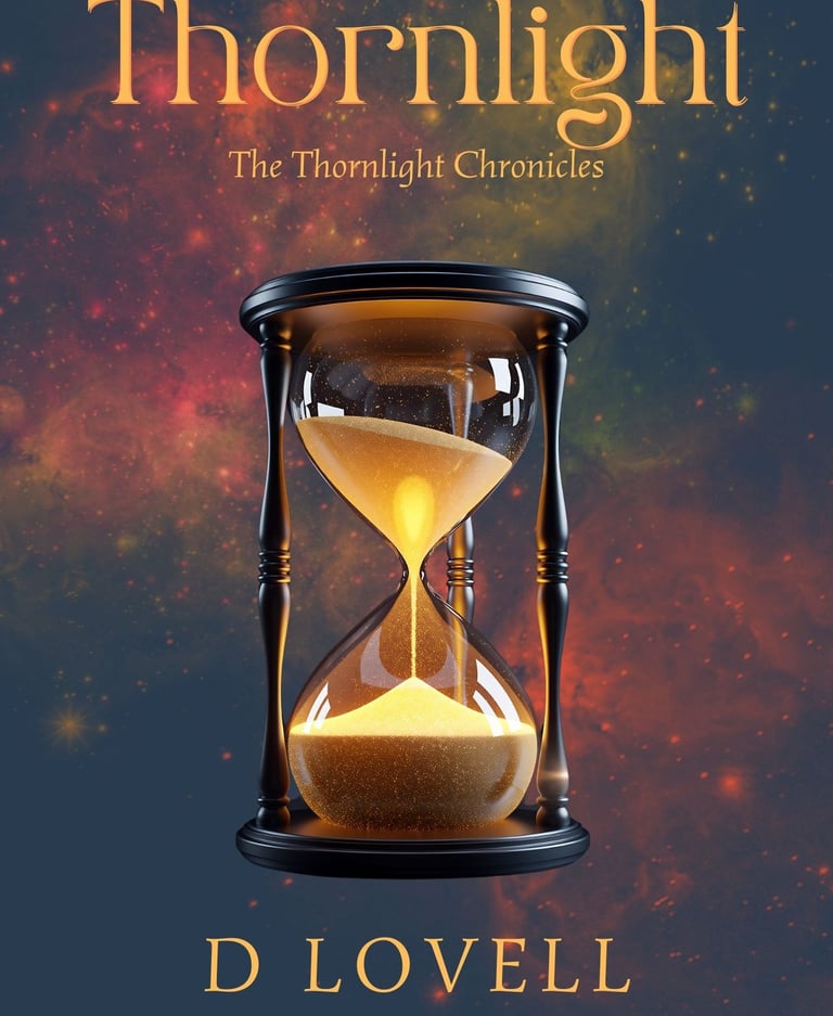 Thornlight book cover featuring a glowing hourglass against a vibrant space nebula background.