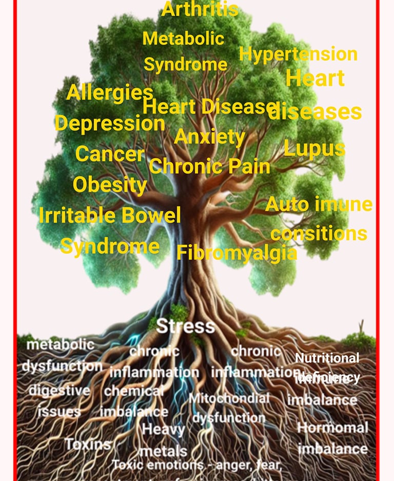 longevity service Romford London: showing chronic diseases as leaves, and roots & their root causes