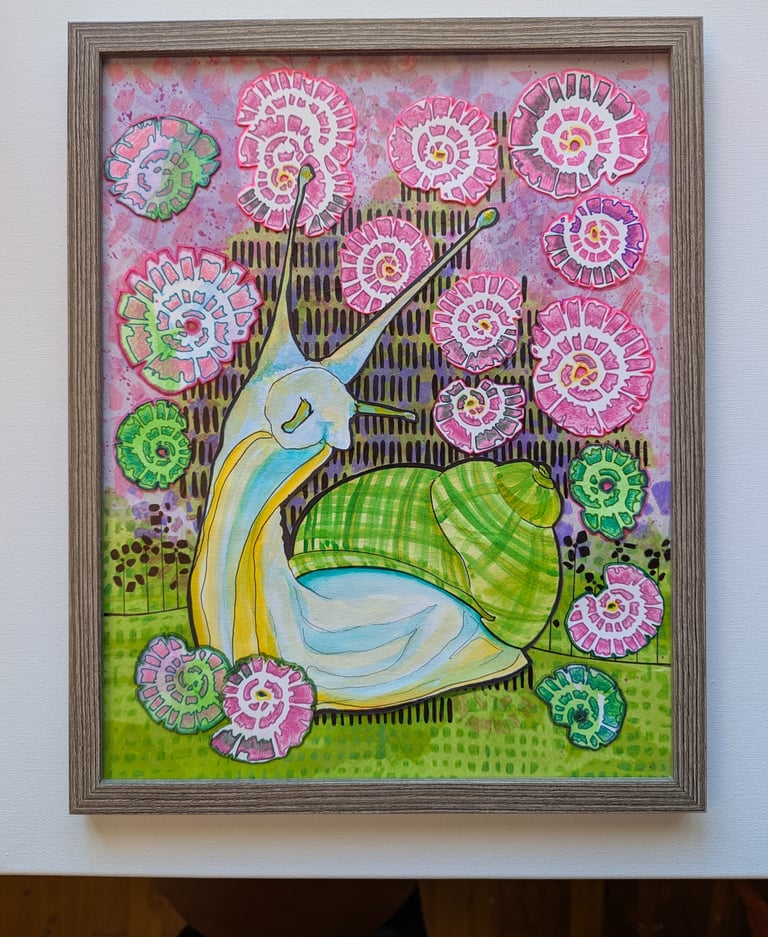 Multi-media artwork in pinks, lime greens and blues in mid mod style of a snail and flowers by Kathy LaFollett.