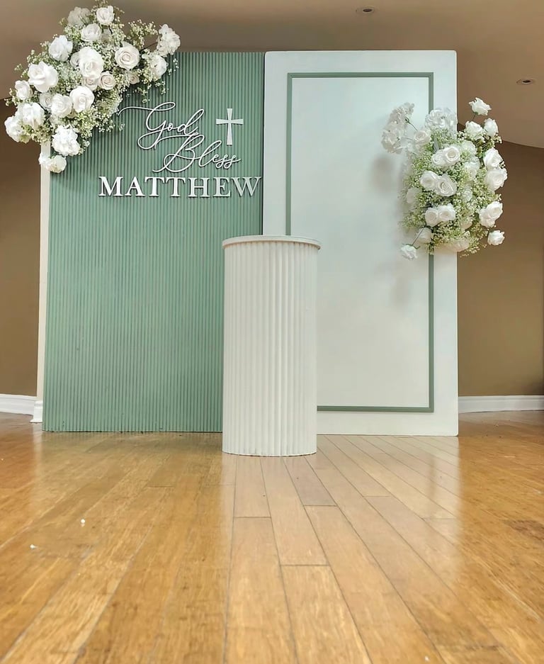 Baptism Backdrop in Olive with a custom made God bless sign