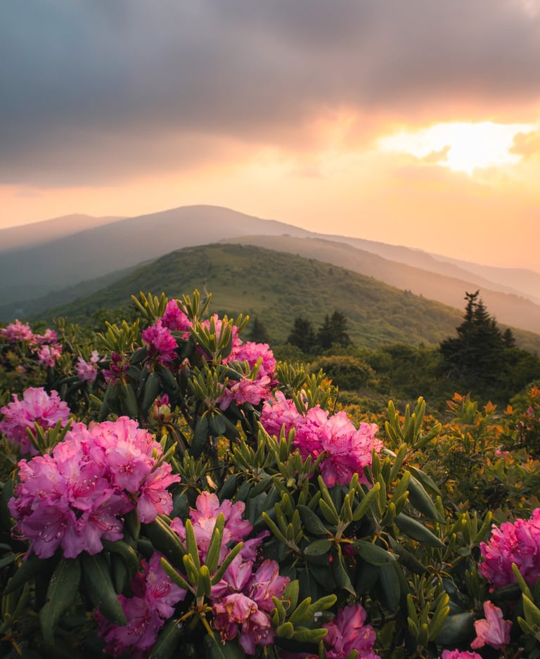 Pink rhododendron flowers blooming on a mountain ridge during a golden sunset.