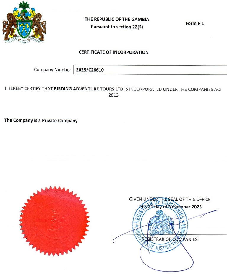 Certificate of Incorporation van Birding Adventure Tours Ltd uitgegeven door de Republiek The Gambia