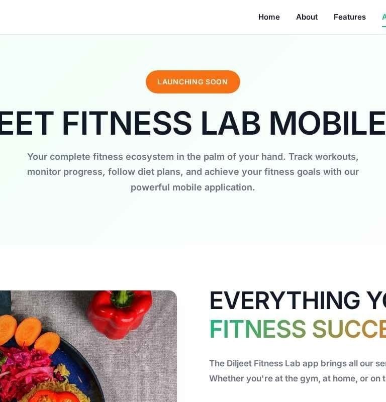 Diljeet Fitness Lab mobile app website showing workout tracking and diet plan features.