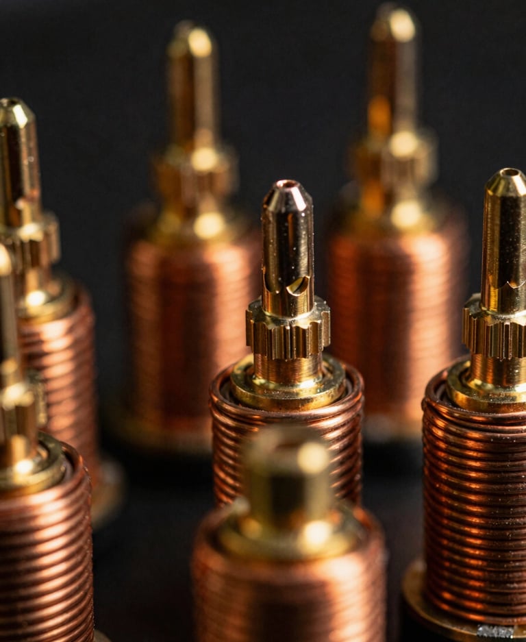 Extreme macro close-up of hand-wound copper coils and heavy-duty brass antenna terminals, dramatic amber studio lighting, high-contrast hardware details, 35mm film