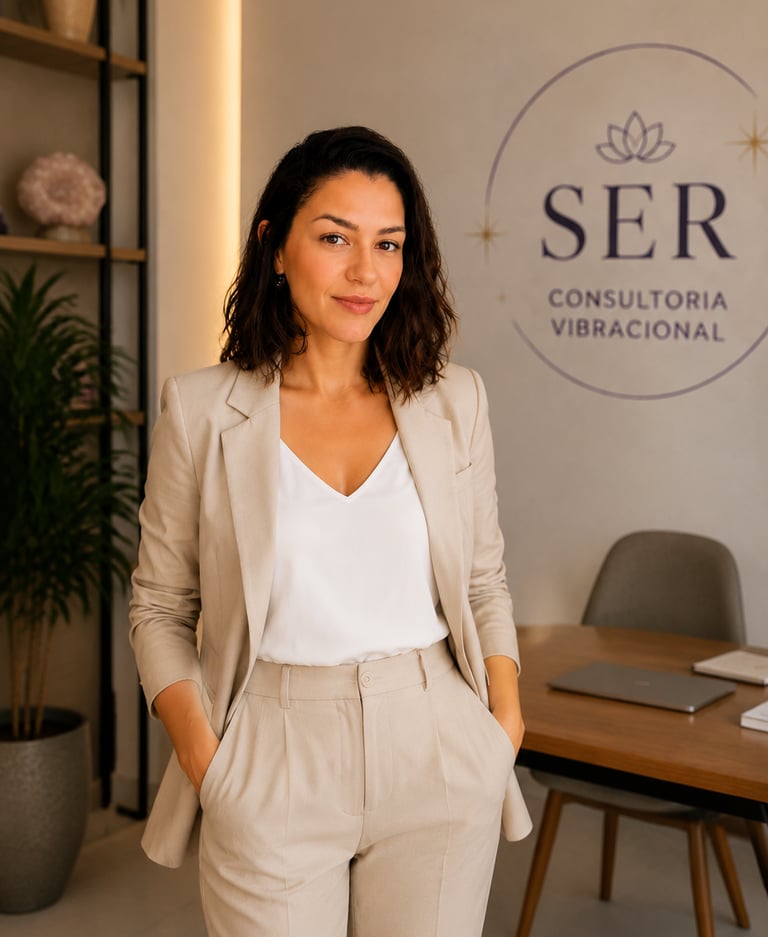 Professional female consultant in a beige suit standing in her wellness office at Ser Consultoria Vibracional.