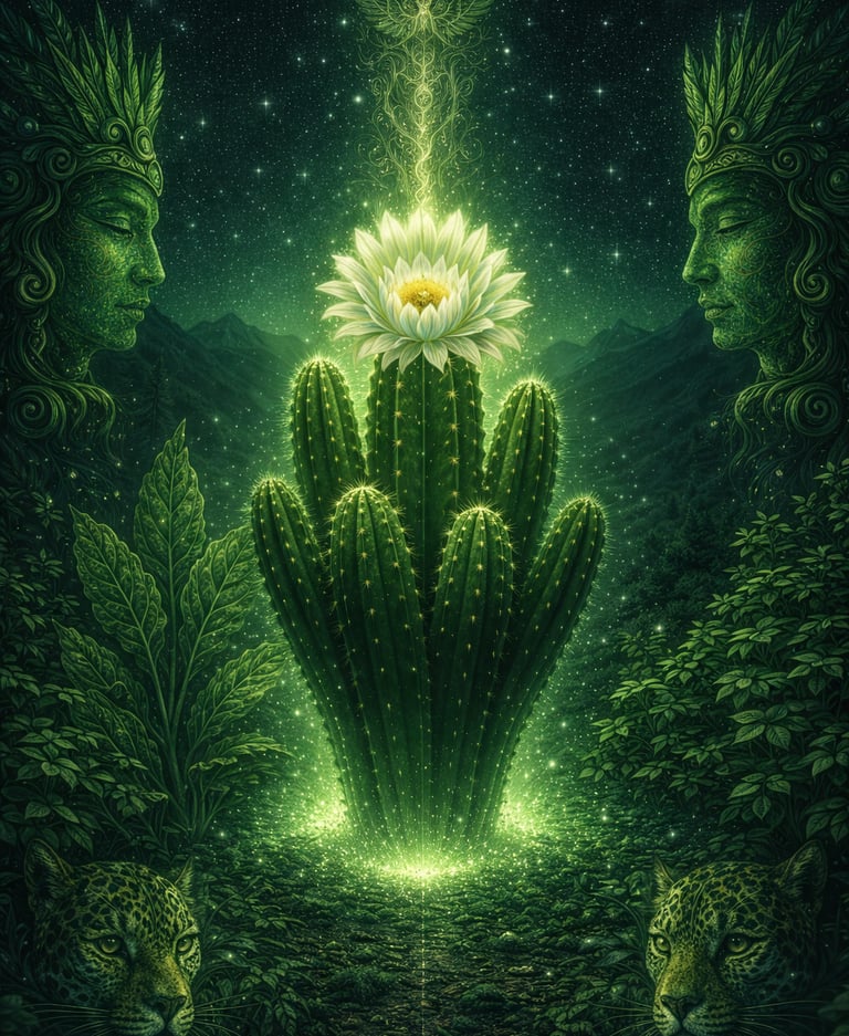 Surreal digital art of a glowing San Pedro cactus with a white flower, jaguars, and mystical green figures.