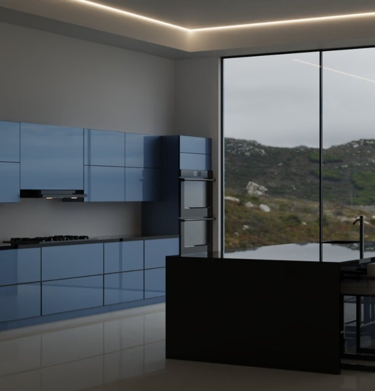a kitchen with a table and chairs and a view of the mountains