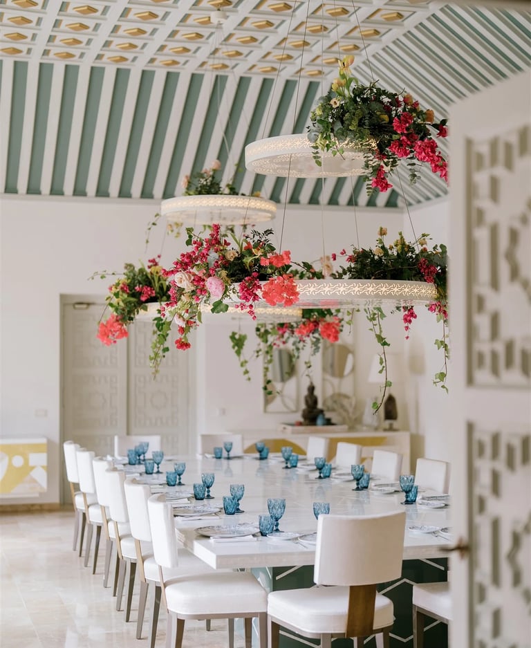 Grand dining room with floral chandeliers and patterned vaulted ceiling