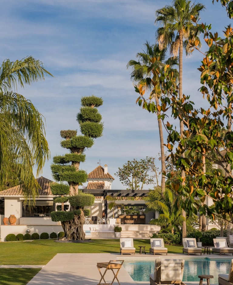 Manicured garden with sculpted trees and palms