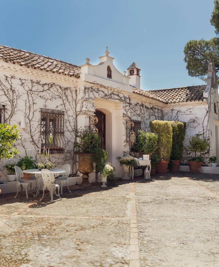 Andalusian courtyard with arched entrance and stone paving
