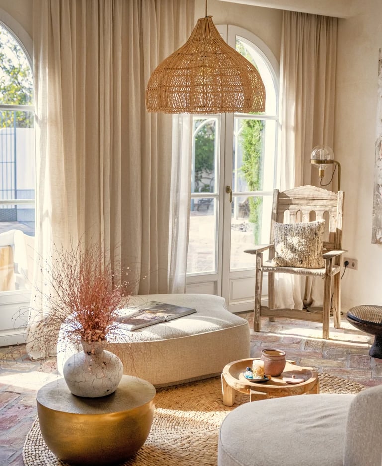 Sunlit lounge with woven pendant, arched doors and natural textures
