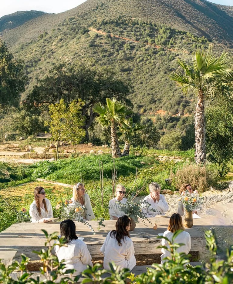 Outdoor group gathering with mountain views and gardens