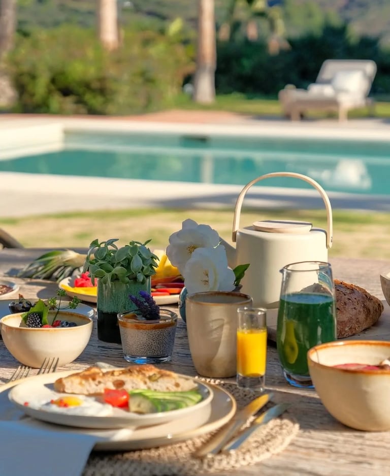 Poolside breakfast setup with juice, bread and garden views