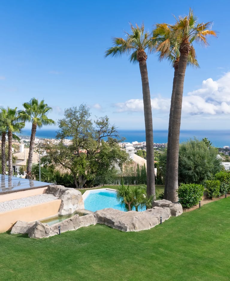 Garden pool with sea views and palm trees