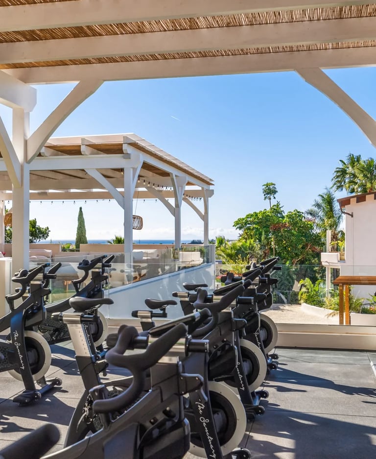 Rooftop spinning studio with sea and garden views