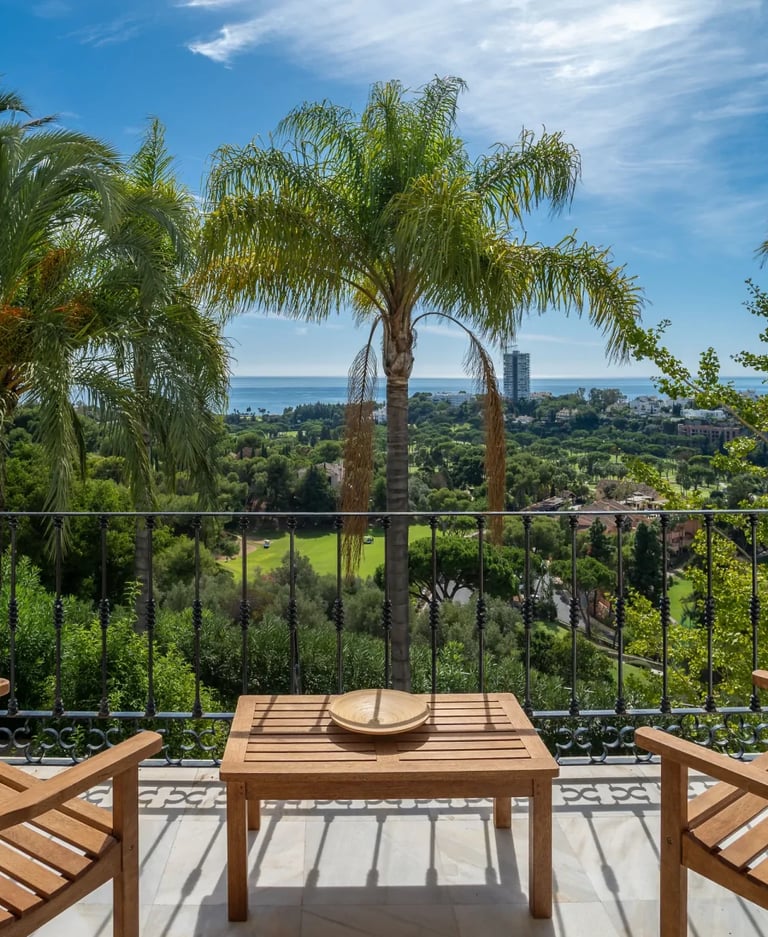 Golf and Mediterranean views from villa terrace