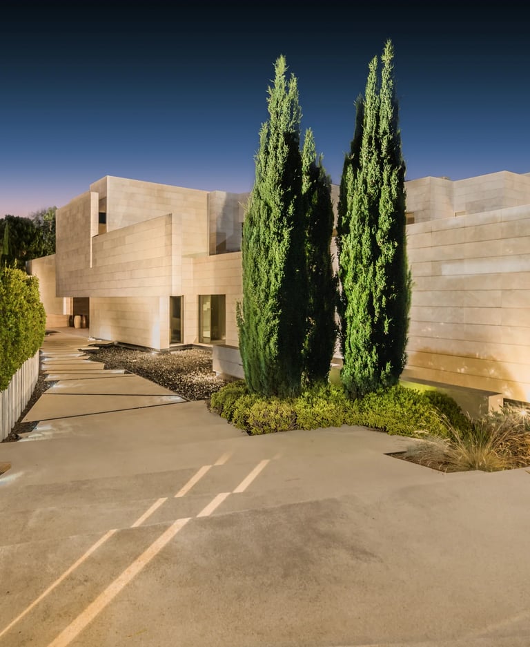 Modern villa entrance with minimalist stone façade