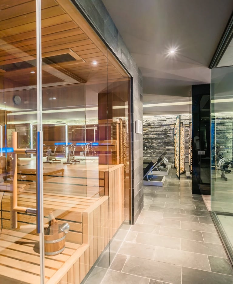 Spa area with sauna and glass gym