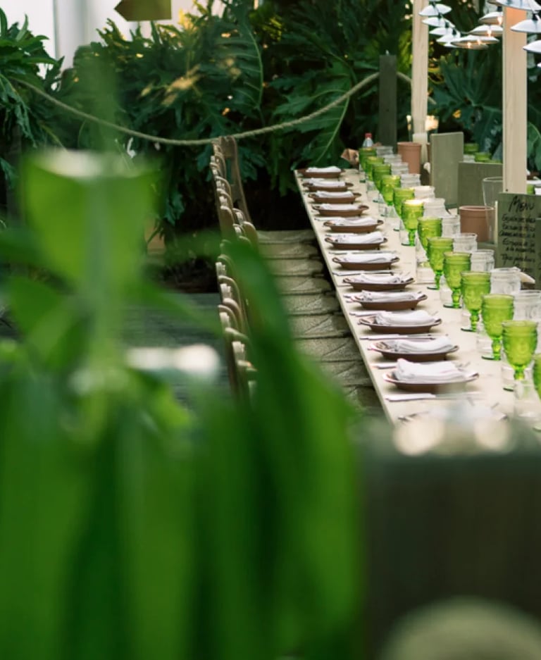 Outdoor wedding dinner setup surrounded by lush greenery