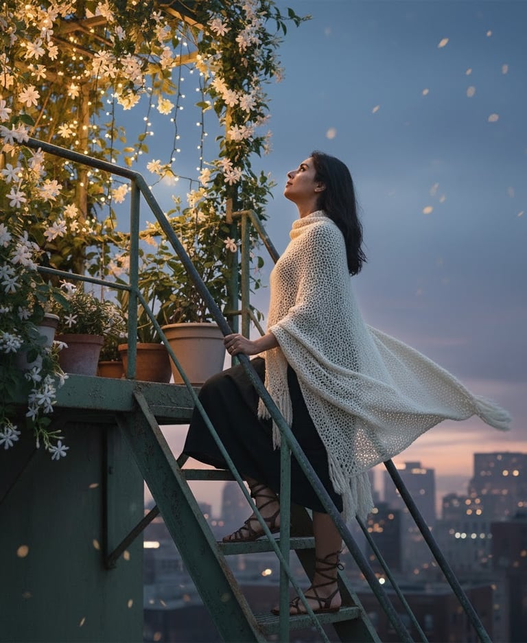 Rooftop romance ascent. Priya's visual love story beginning.