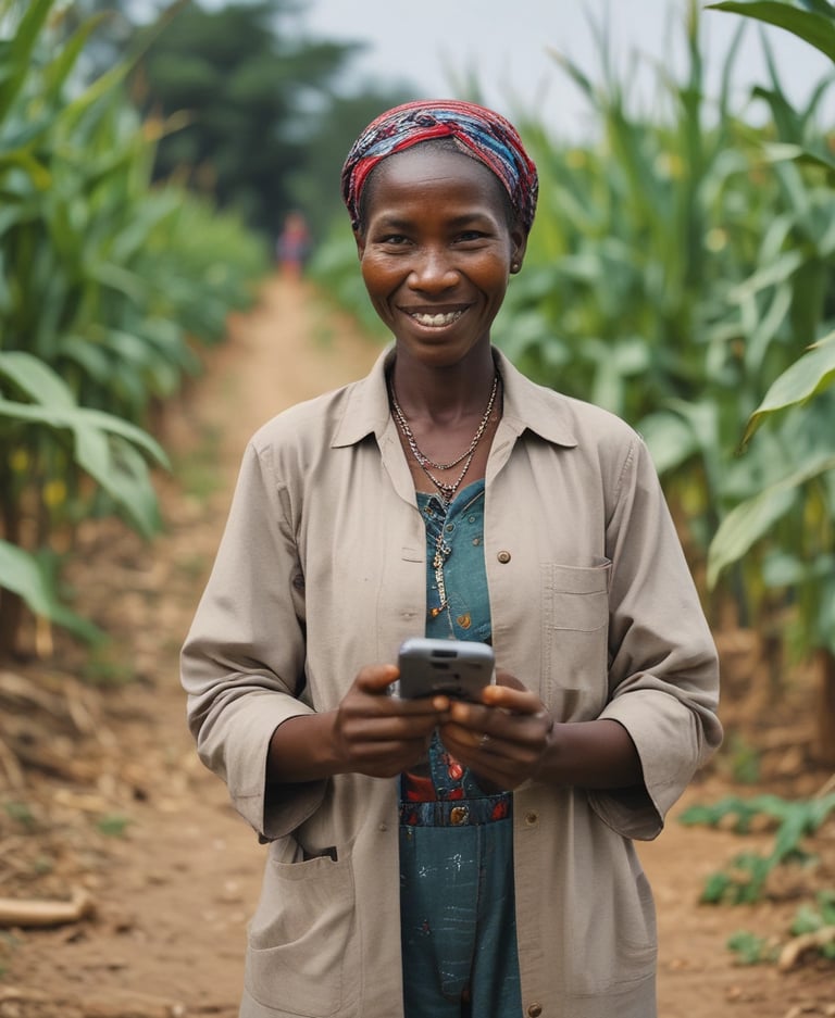 a woman in brown clothes holding a mobile phone while reading a text. Her background is a maize farm