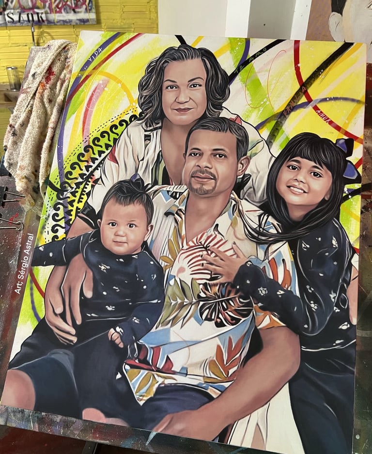 Quadro personalizado com retrato de família em estilo Pop-Art.