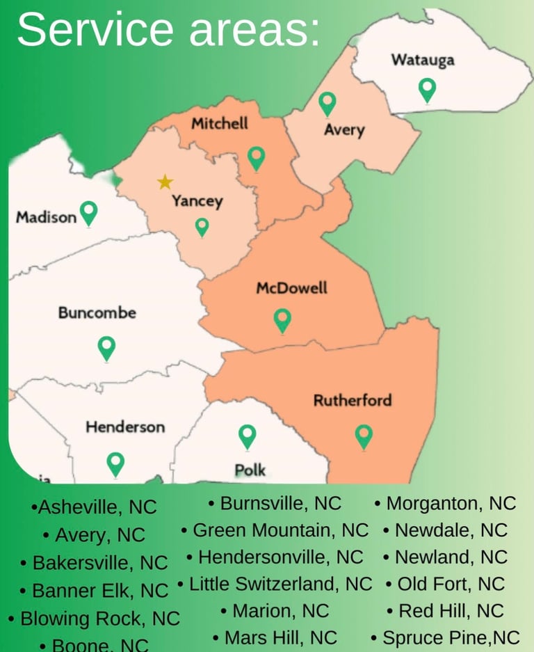 A map of WNC for Jack’s Locksmith native and local services in Buncombe, Henderson, Polk, Mitchell, Yancey, Avery county