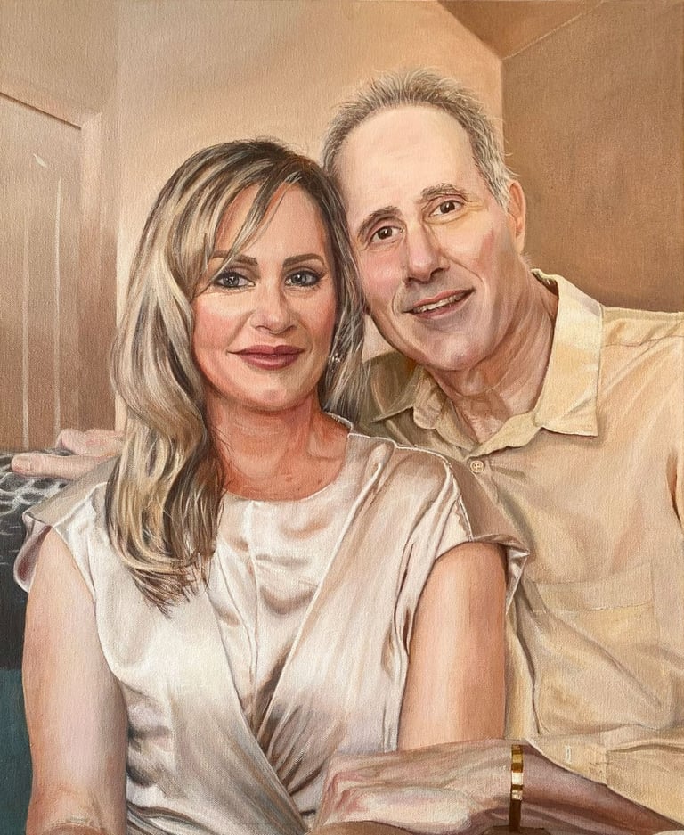 A hand-painted portrait of a happily smiling couple in a serene rose and taupe colour scheme.