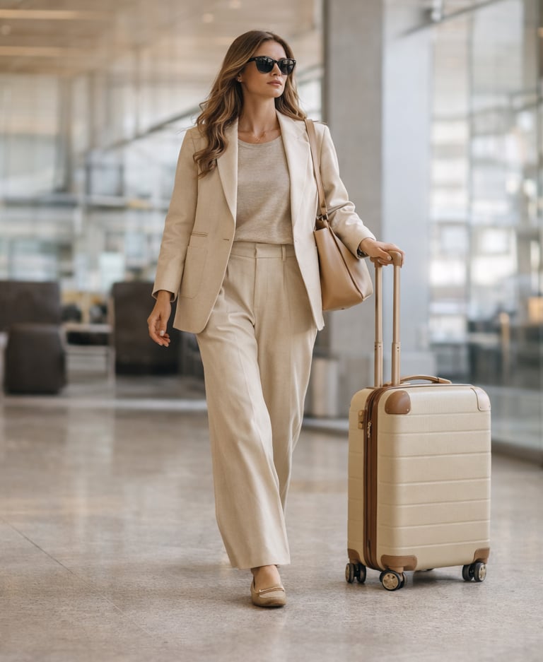 Elegant airport travel outfit neutral tones rolling suitcase