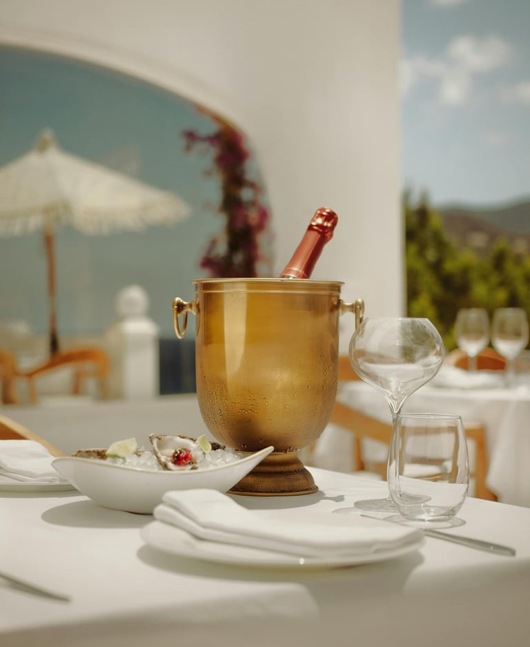Outdoor dining table with champagne in an ice bucket, oysters on a plate, and empty glasses.