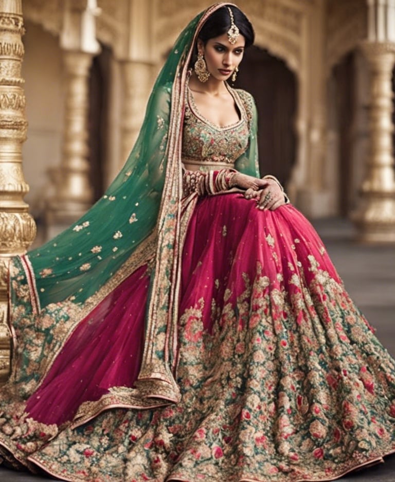 a woman in a red and green dress with a green and gold dress