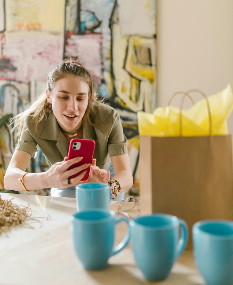 a woman sitting at a table with a phone phone