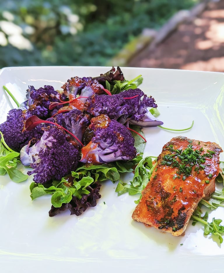 Roasted Seasonal Vegetable with Wild Fish. Healthy gourmet chef, gluten-free, portland, clackamas