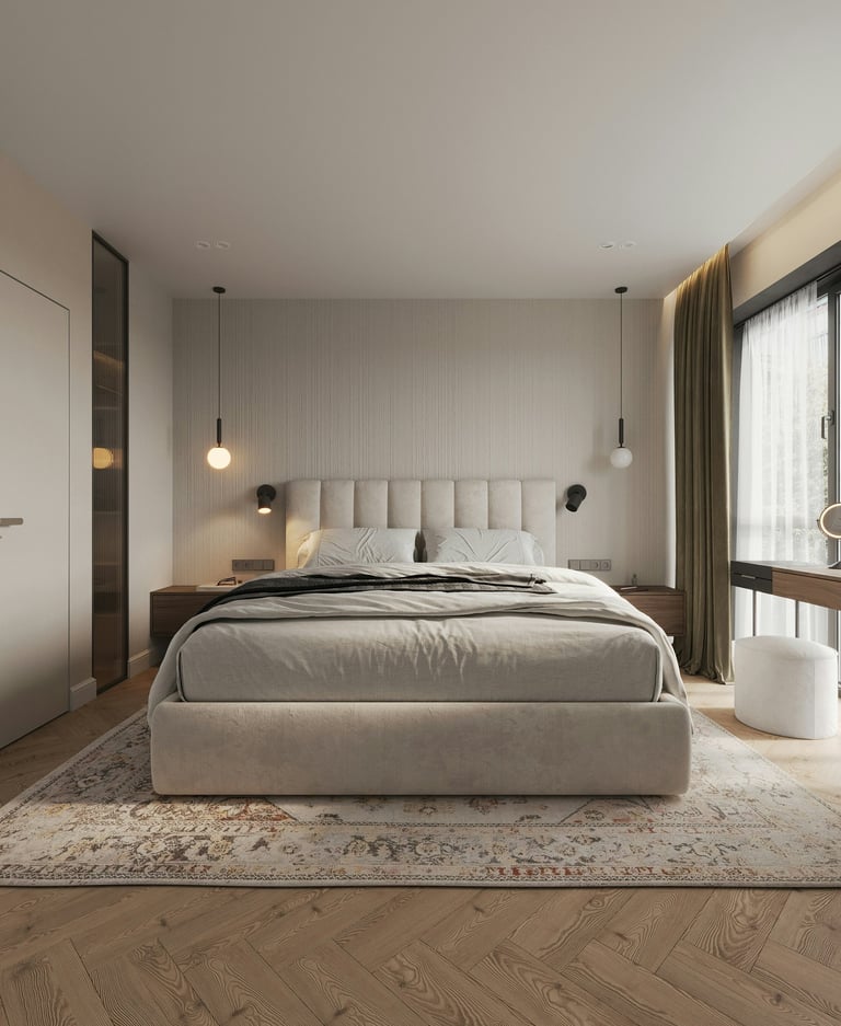 Elegant bedroom with upholstered bed, modern lighting, and patterned rug