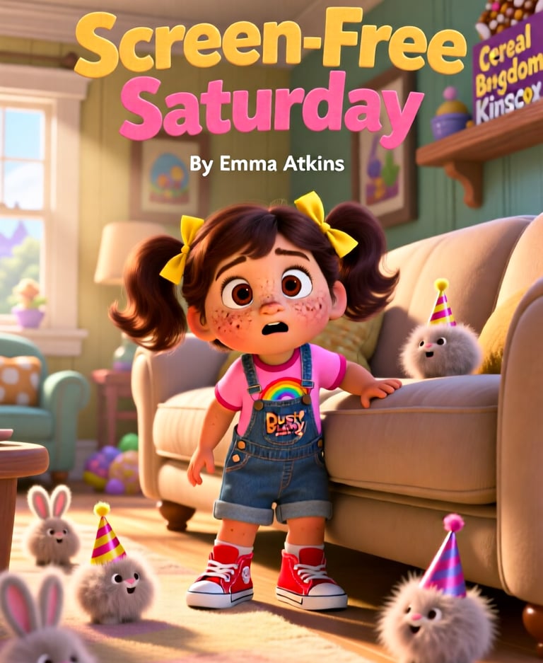 Screen-Free Saturday book cover featuring a young girl surrounded by fuzzy toy creatures.