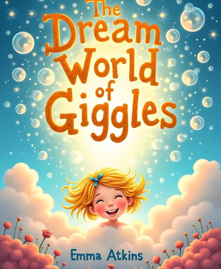 The Dream World of Giggles children's book cover featuring a smiling girl in a magical sky with bubbles.