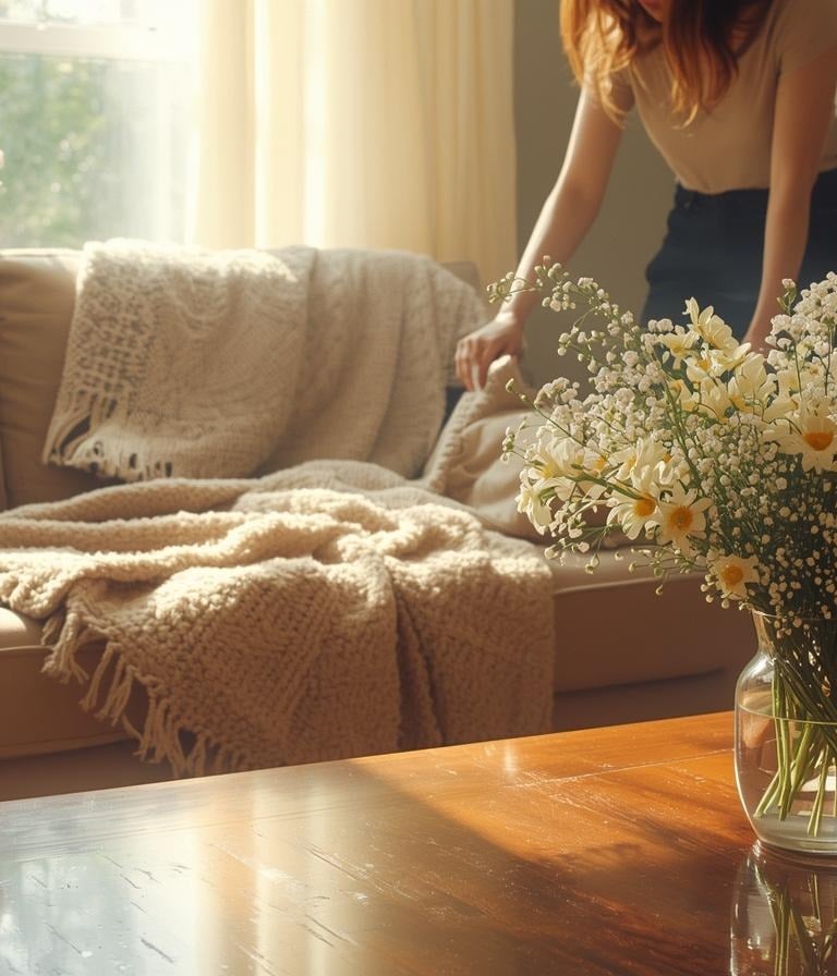 Person doing a light Sunday cleanup in cozy living room.
