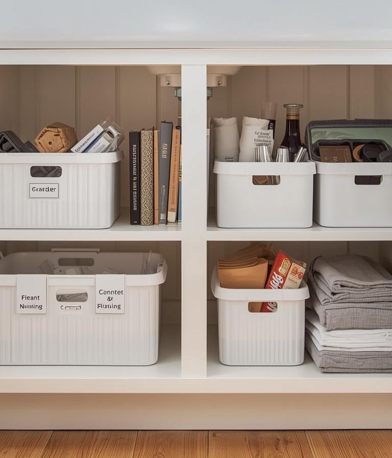 Organized under-sink storage with labeled bins and baskets.