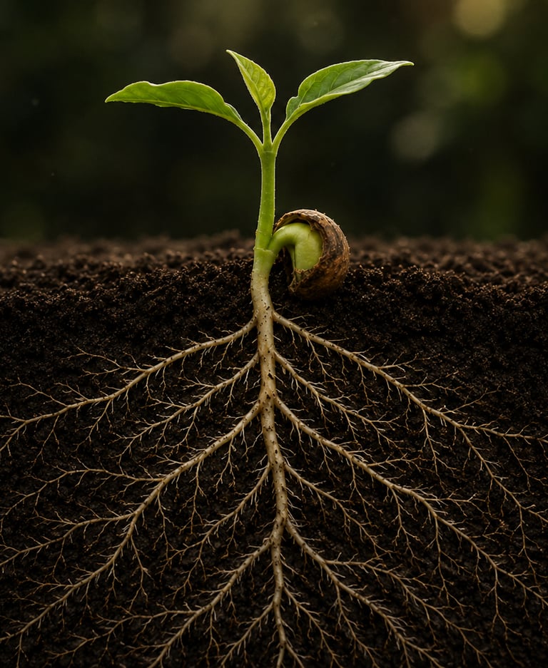 Anchored young plant emerging into the world