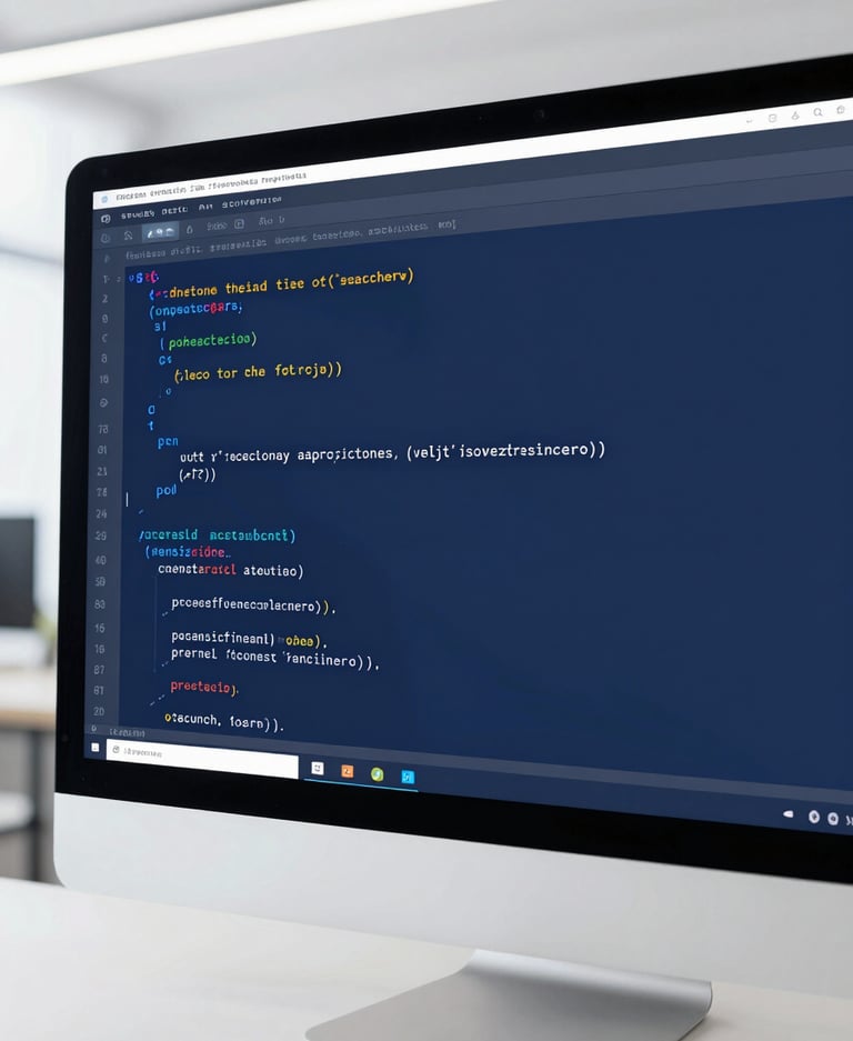 Macro shot of clean code on a high-resolution screen in a bright, modern tech office, crisp neutral lighting, blue accent tones, sharp focus, 35mm