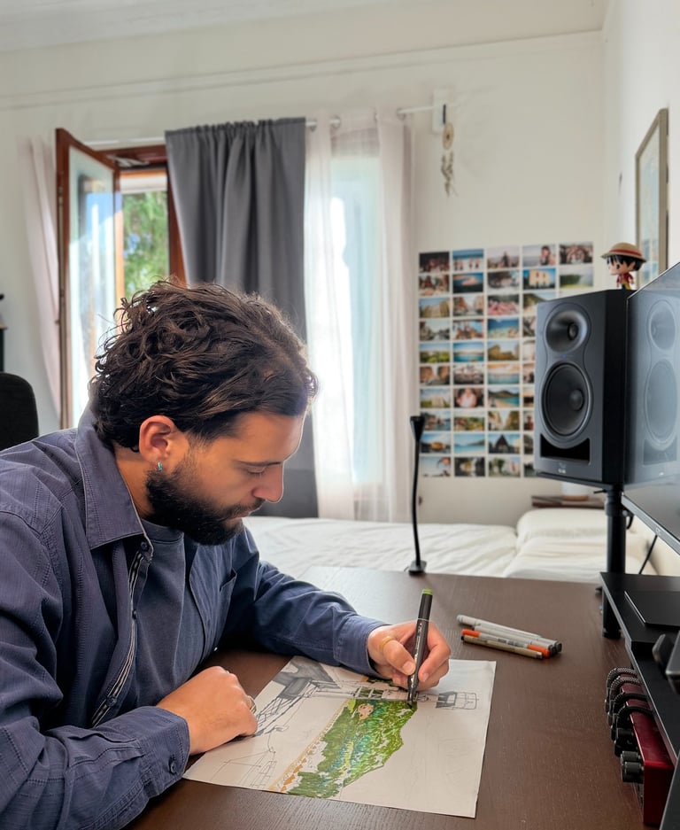 A creative artist sketching a colorful architectural landscape with markers at a studio desk.